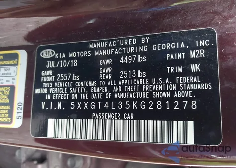 2019 Kia Optima Lx z USA, uszkodzony, nr VIN 5XXGT4L35KG281278